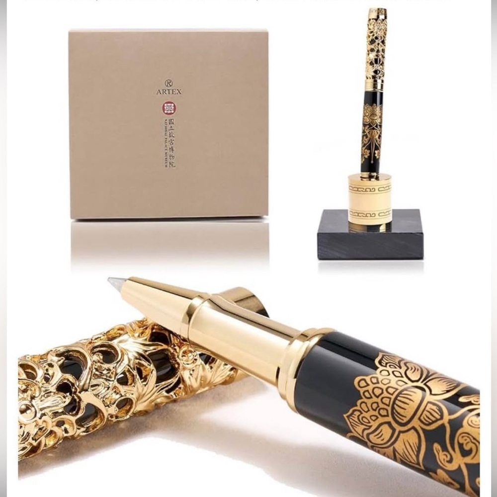 ARTEX Executive Rollerball Pen Set with Stand – Luxury Gold & Black Design,